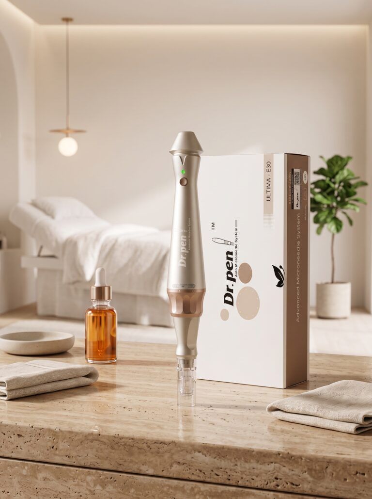 Dermapen Dr. Pen E30 para consultorio junto a su caja, en un ambiente de consultorio
