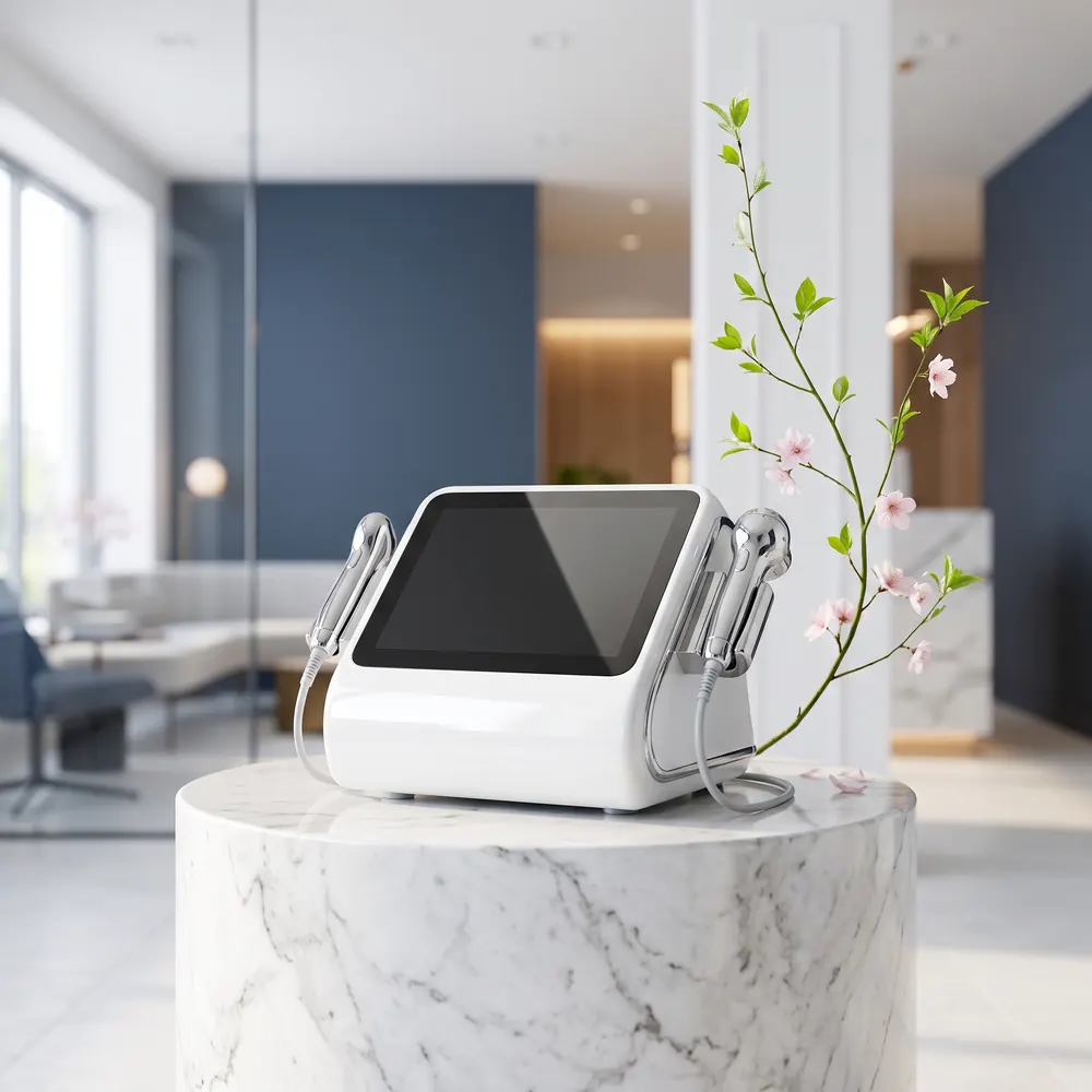 Equipo de aparatología estética LACA sobre pedestal de mármol